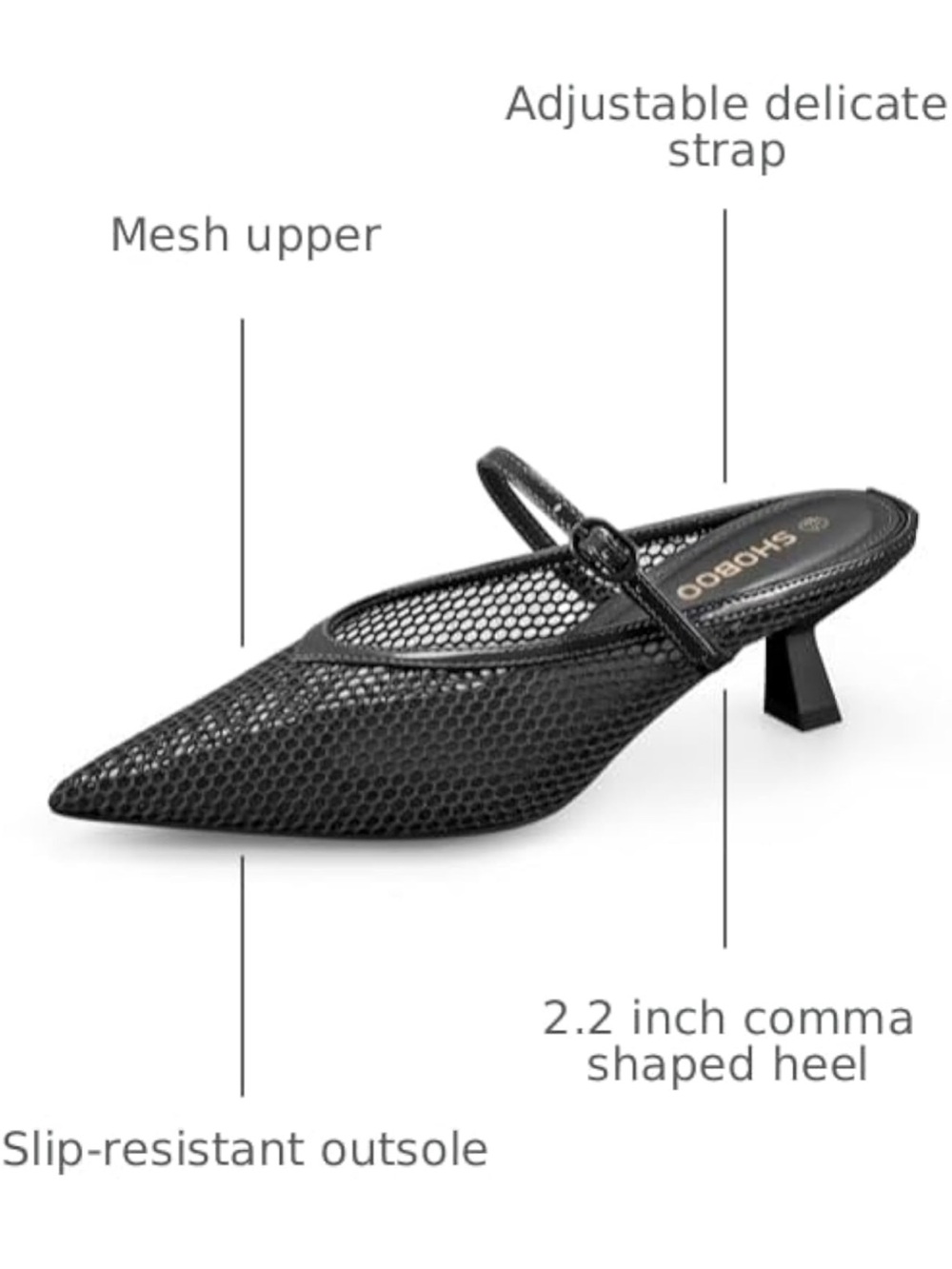 Women's Black Mesh Pointed Toe Kitten Heels with Adjustable Strap - Picture 2 of 3